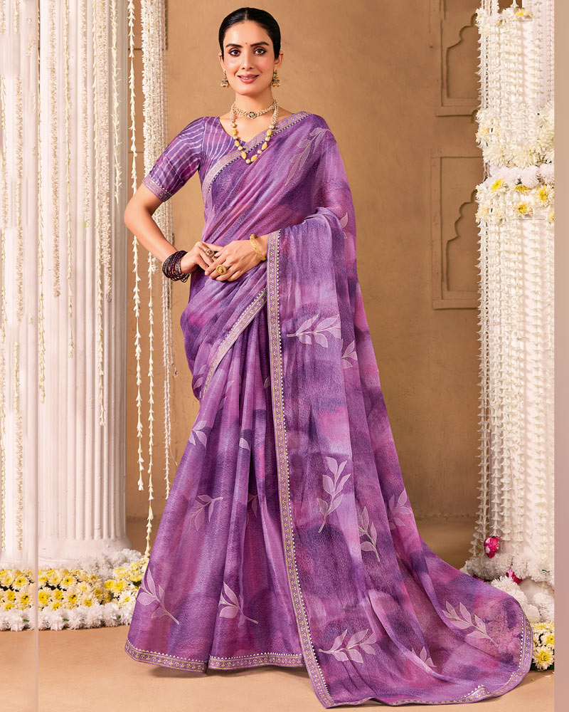Vishal Prints Dark Lilac Designer Shimmer-Chiffon Saree With Foil Print And Fancy Embroidery Border