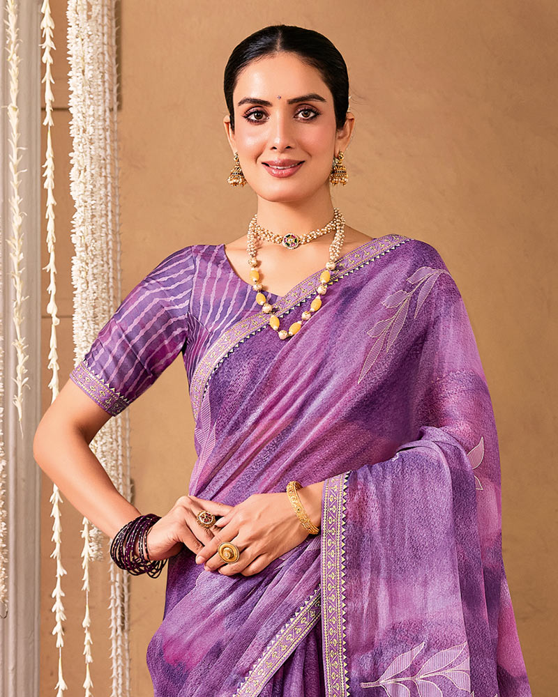 Vishal Prints Dark Lilac Designer Shimmer-Chiffon Saree With Foil Print And Fancy Embroidery Border