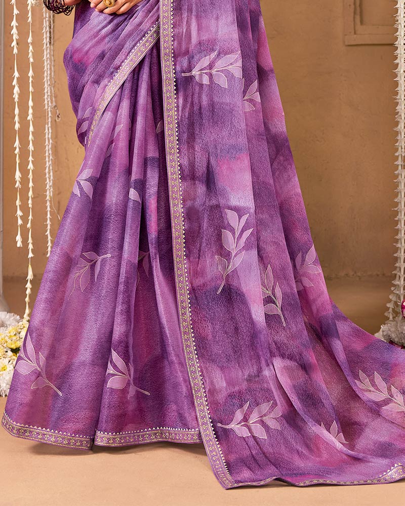 Vishal Prints Dark Lilac Designer Shimmer-Chiffon Saree With Foil Print And Fancy Embroidery Border