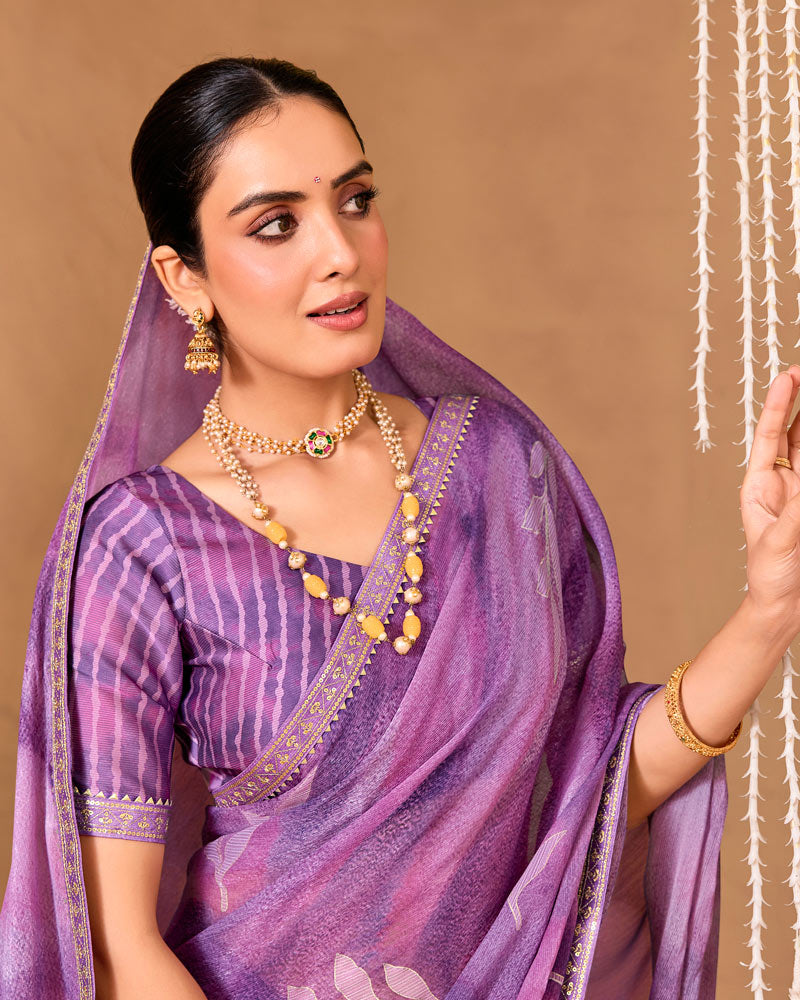 Vishal Prints Dark Lilac Designer Shimmer-Chiffon Saree With Foil Print And Fancy Embroidery Border