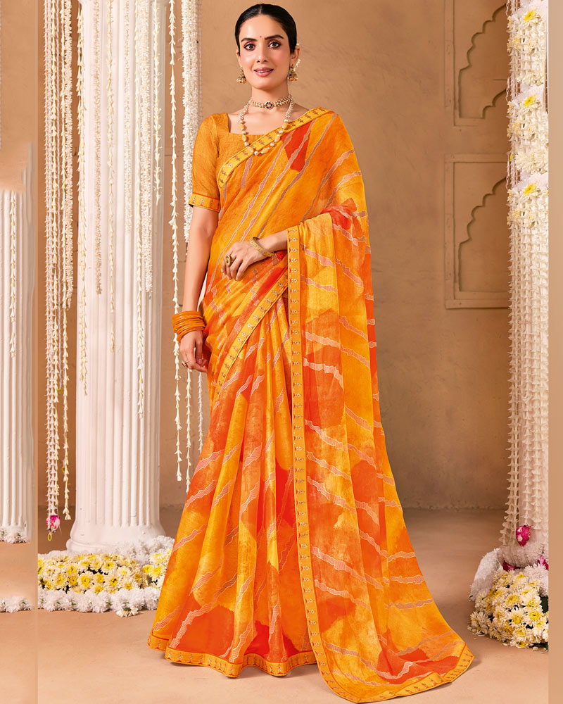 Vishal Prints Yellowish Orange Designer Shimmer-Chiffon Saree With Foil Print And Fancy Embroidery Border