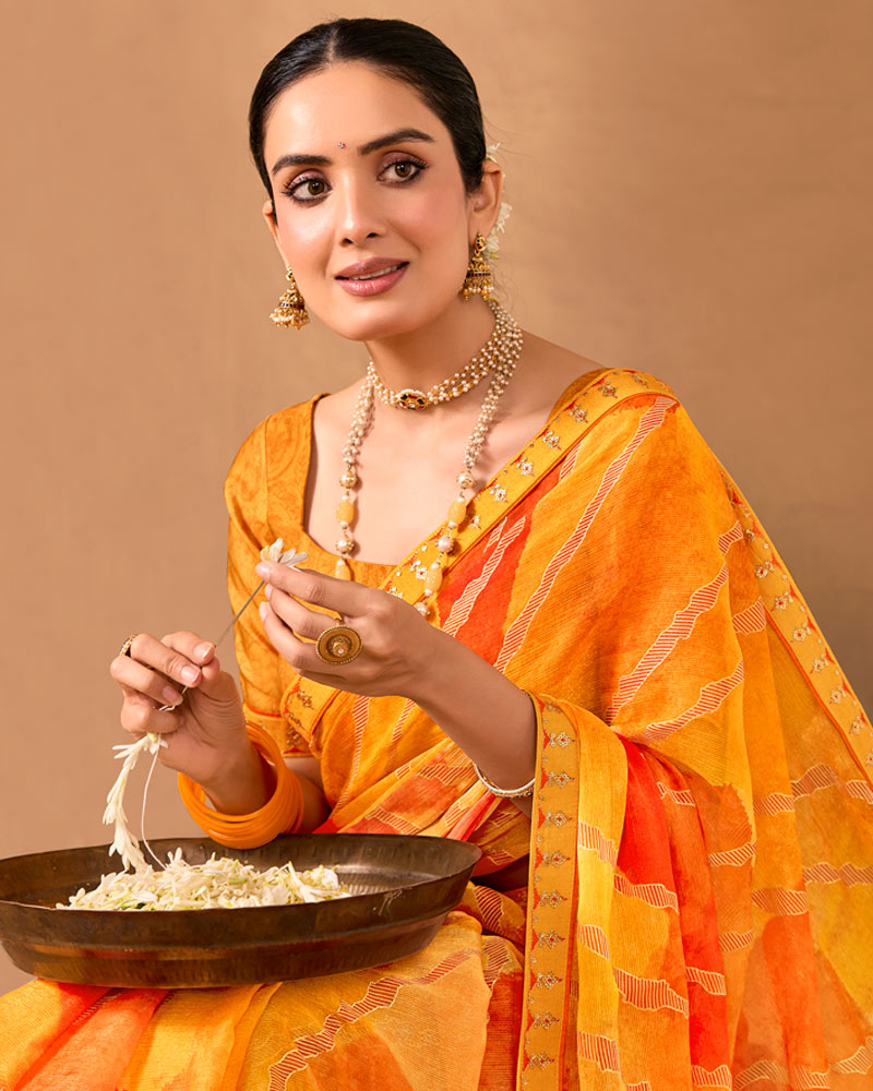 Vishal Prints Yellowish Orange Designer Shimmer-Chiffon Saree With Foil Print And Fancy Embroidery Border