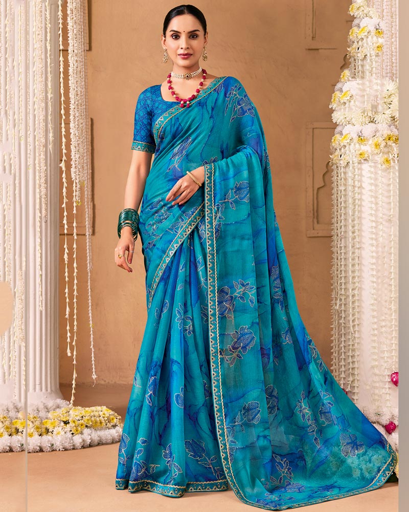 Vishal Prints Ocean Blue Designer Shimmer-Chiffon Saree With Foil Print And Fancy Embroidery Border