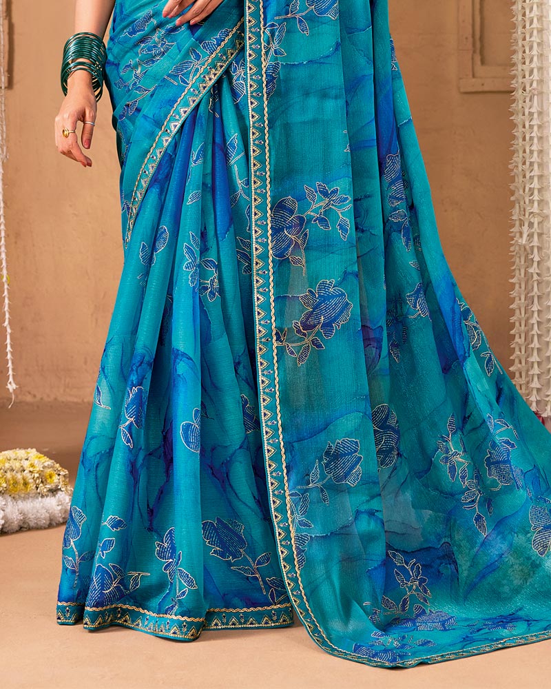 Vishal Prints Ocean Blue Designer Shimmer-Chiffon Saree With Foil Print And Fancy Embroidery Border