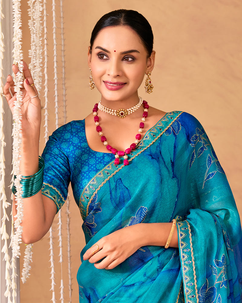 Vishal Prints Ocean Blue Designer Shimmer-Chiffon Saree With Foil Print And Fancy Embroidery Border