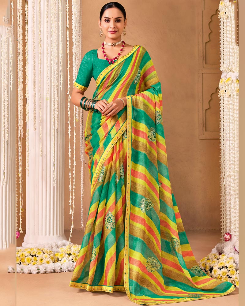 Vishal Prints Jade Green And Dusty Yellow Designer Shimmer-Chiffon Saree With Foil Print And Fancy Embroidery Border