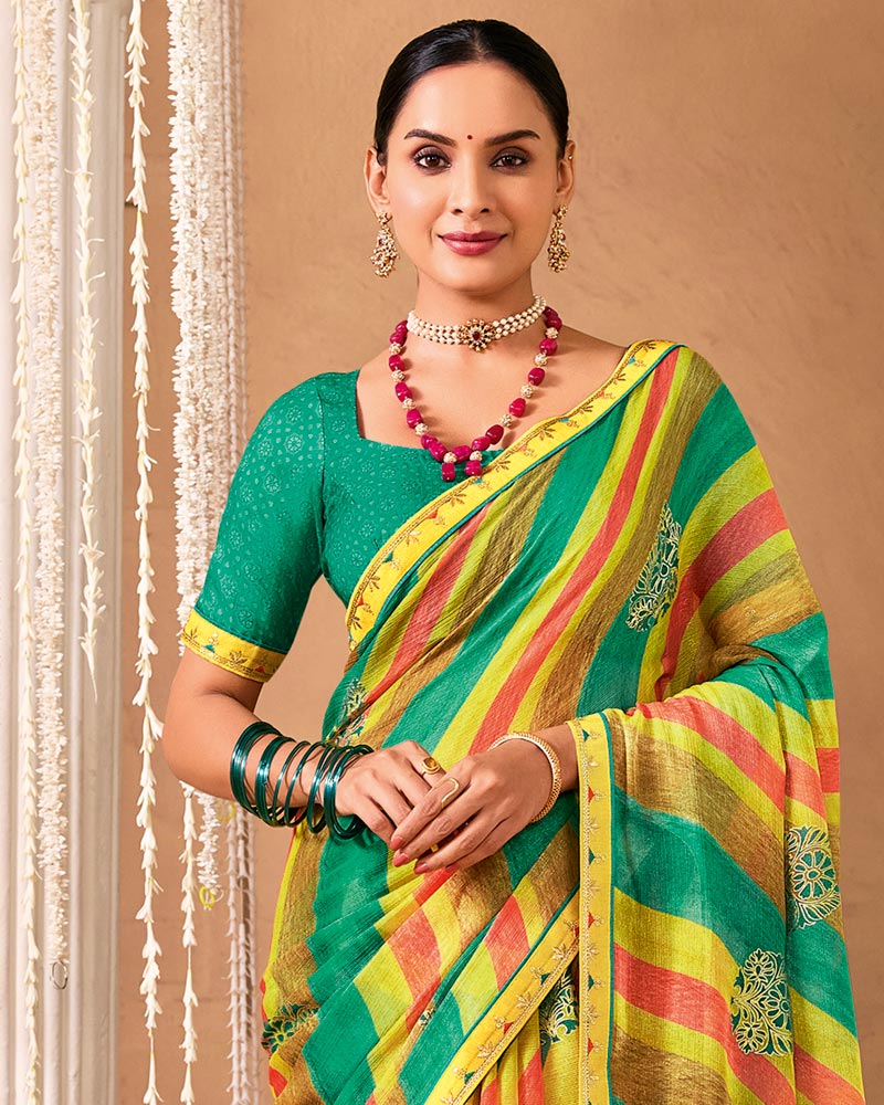 Vishal Prints Jade Green And Dusty Yellow Designer Shimmer-Chiffon Saree With Foil Print And Fancy Embroidery Border