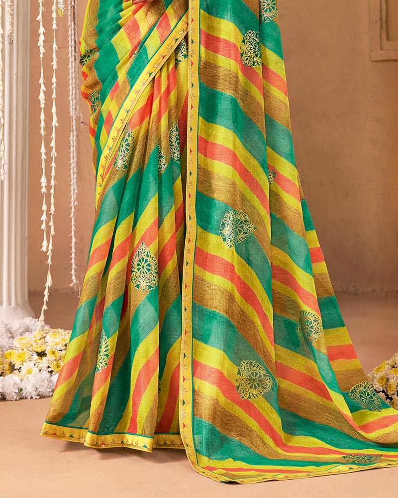 Vishal Prints Jade Green And Dusty Yellow Designer Shimmer-Chiffon Saree With Foil Print And Fancy Embroidery Border