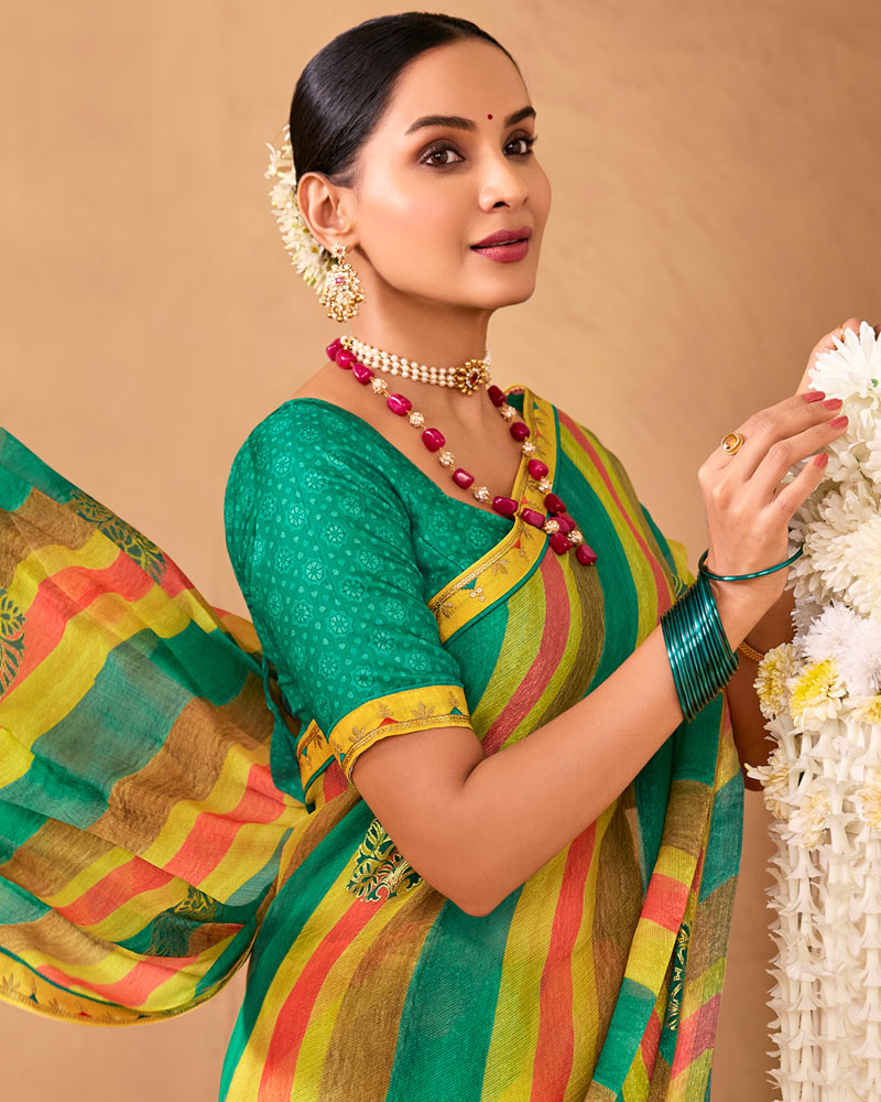 Vishal Prints Jade Green And Dusty Yellow Designer Shimmer-Chiffon Saree With Foil Print And Fancy Embroidery Border