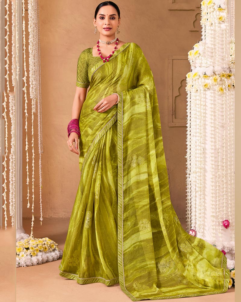 Vishal Prints Mustard Green Designer Shimmer-Chiffon Saree With Foil Print And Fancy Embroidery Border