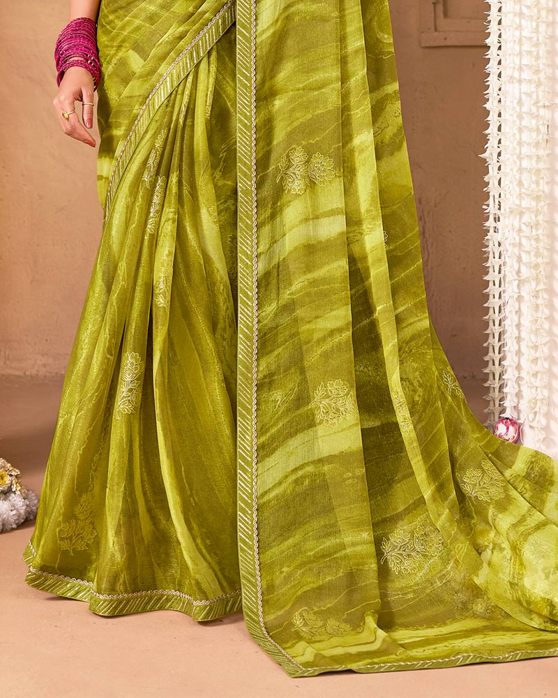 Vishal Prints Mustard Green Designer Shimmer-Chiffon Saree With Foil Print And Fancy Embroidery Border