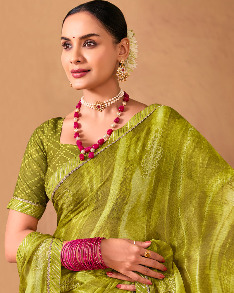 Vishal Prints Mustard Green Designer Shimmer-Chiffon Saree With Foil Print And Fancy Embroidery Border