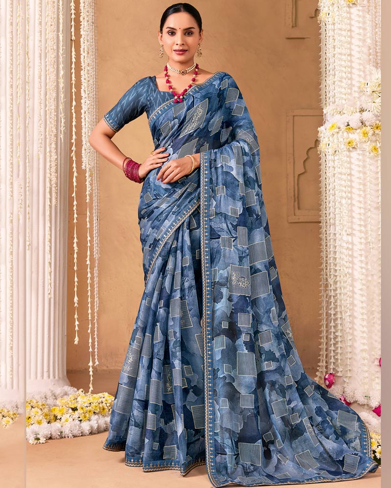 Vishal Prints Dark Grey Blue Designer Shimmer-Chiffon Saree With Foil Print And Fancy Embroidery Border