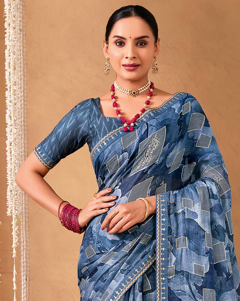 Vishal Prints Dark Grey Blue Designer Shimmer-Chiffon Saree With Foil Print And Fancy Embroidery Border