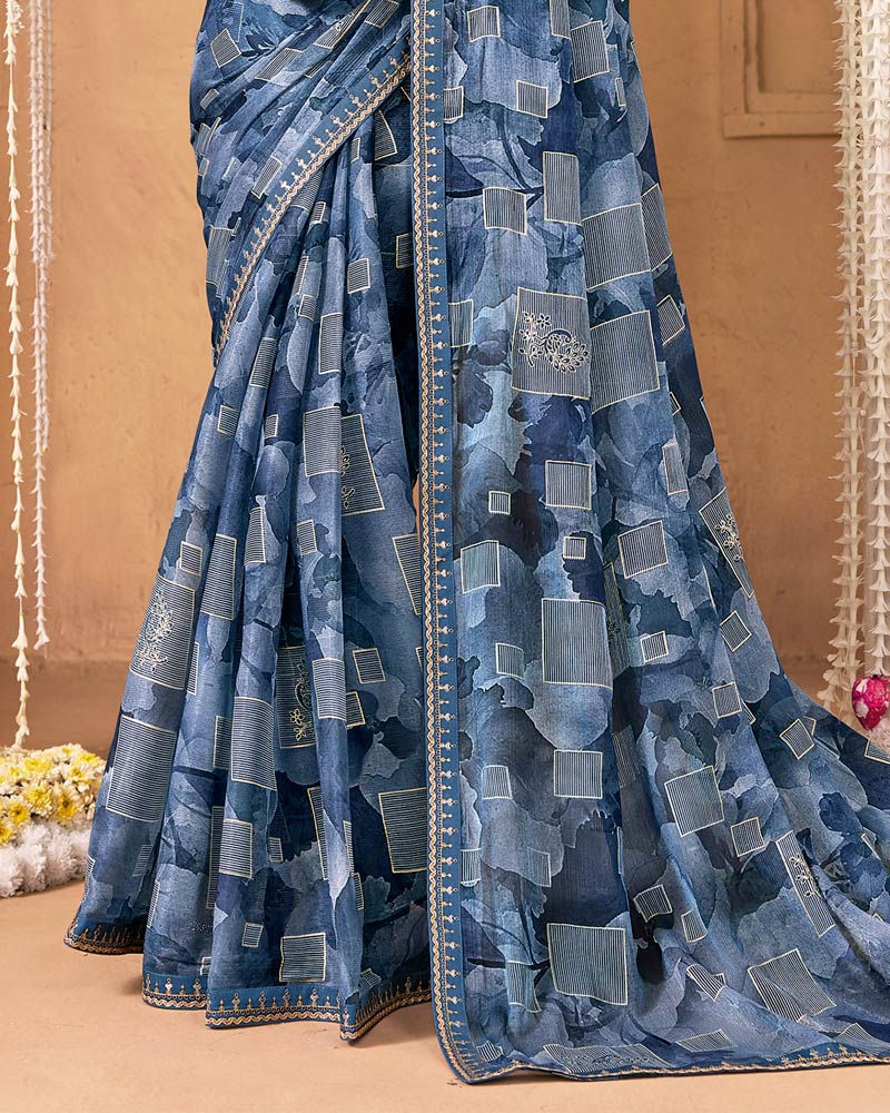 Vishal Prints Dark Grey Blue Designer Shimmer-Chiffon Saree With Foil Print And Fancy Embroidery Border