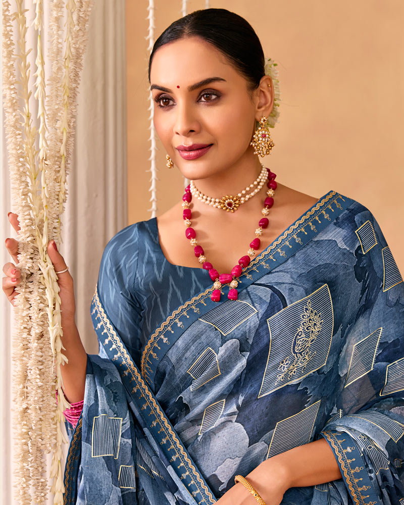 Vishal Prints Dark Grey Blue Designer Shimmer-Chiffon Saree With Foil Print And Fancy Embroidery Border