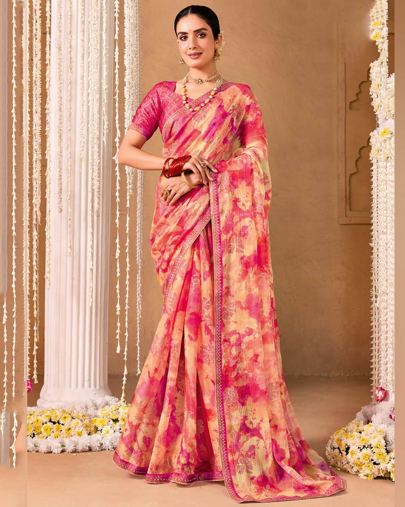 Vishal Prints Peachy Pink Designer Shimmer-Chiffon Saree With Foil Print And Fancy Embroidery Border