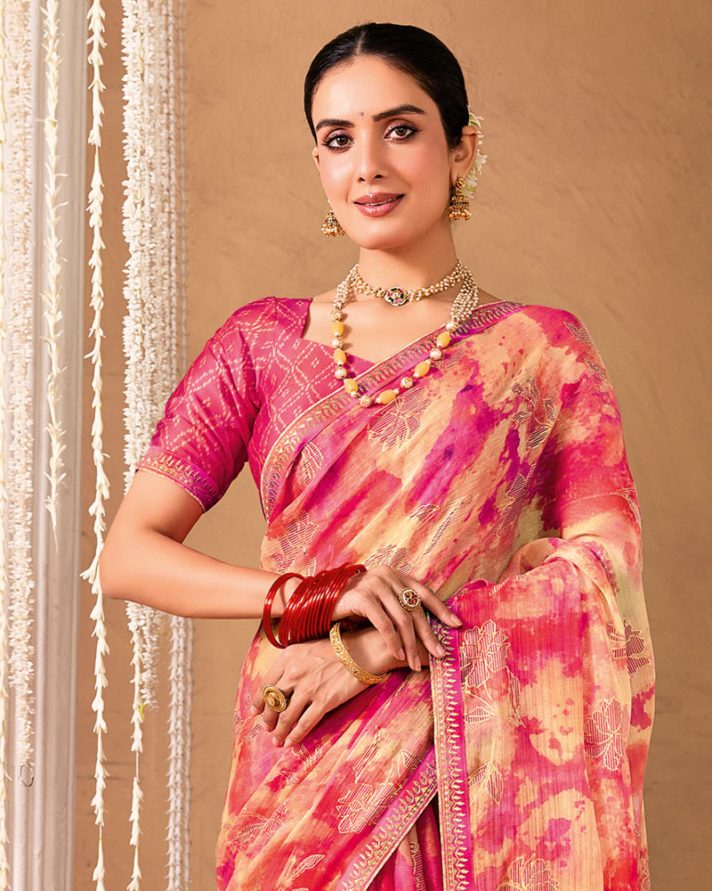 Vishal Prints Peachy Pink Designer Shimmer-Chiffon Saree With Foil Print And Fancy Embroidery Border