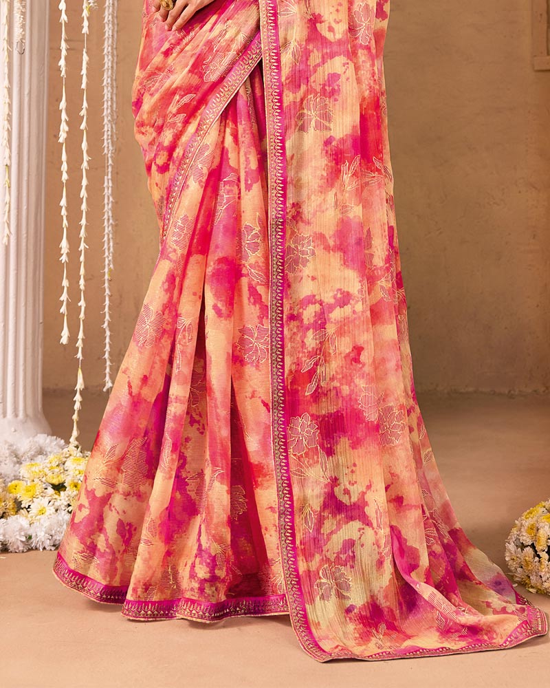 Vishal Prints Peachy Pink Designer Shimmer-Chiffon Saree With Foil Print And Fancy Embroidery Border