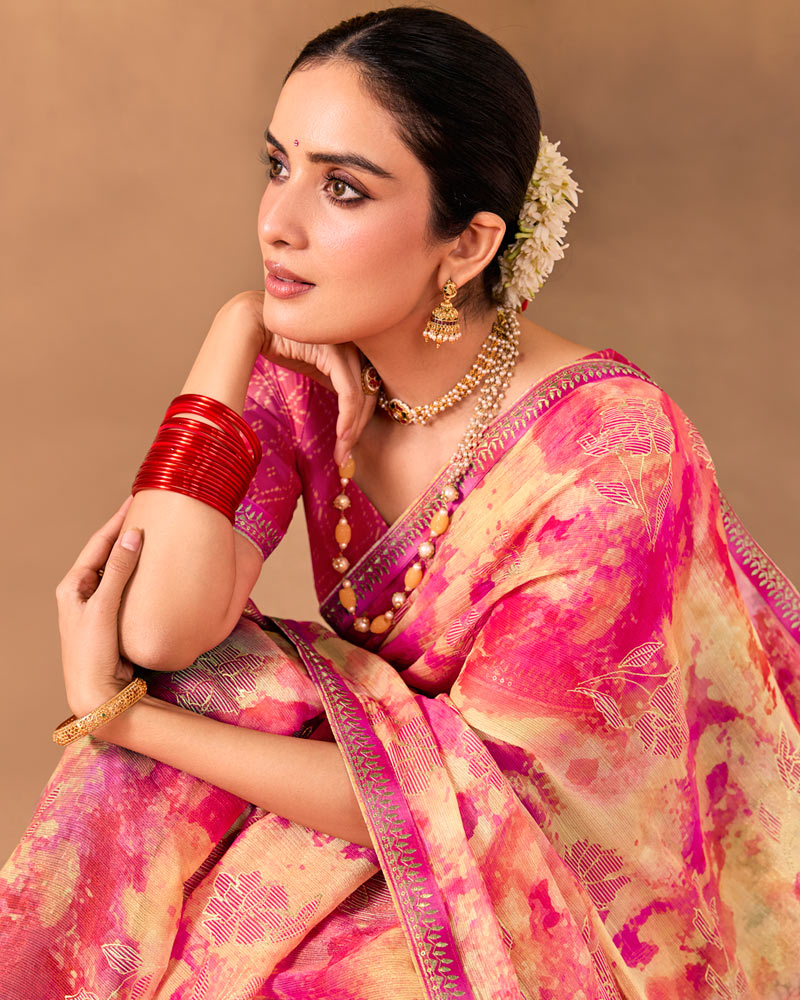 Vishal Prints Peachy Pink Designer Shimmer-Chiffon Saree With Foil Print And Fancy Embroidery Border