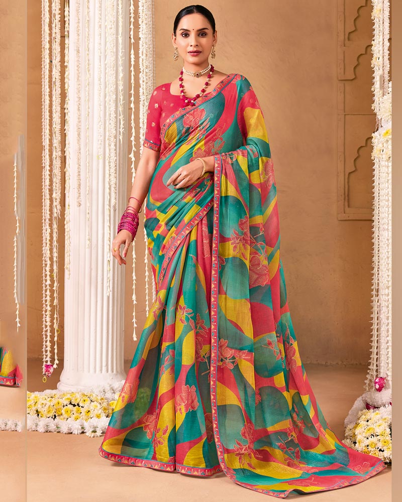 Vishal Prints Multicolor Designer Shimmer-Chiffon Saree With Foil Print And Fancy Embroidery Border