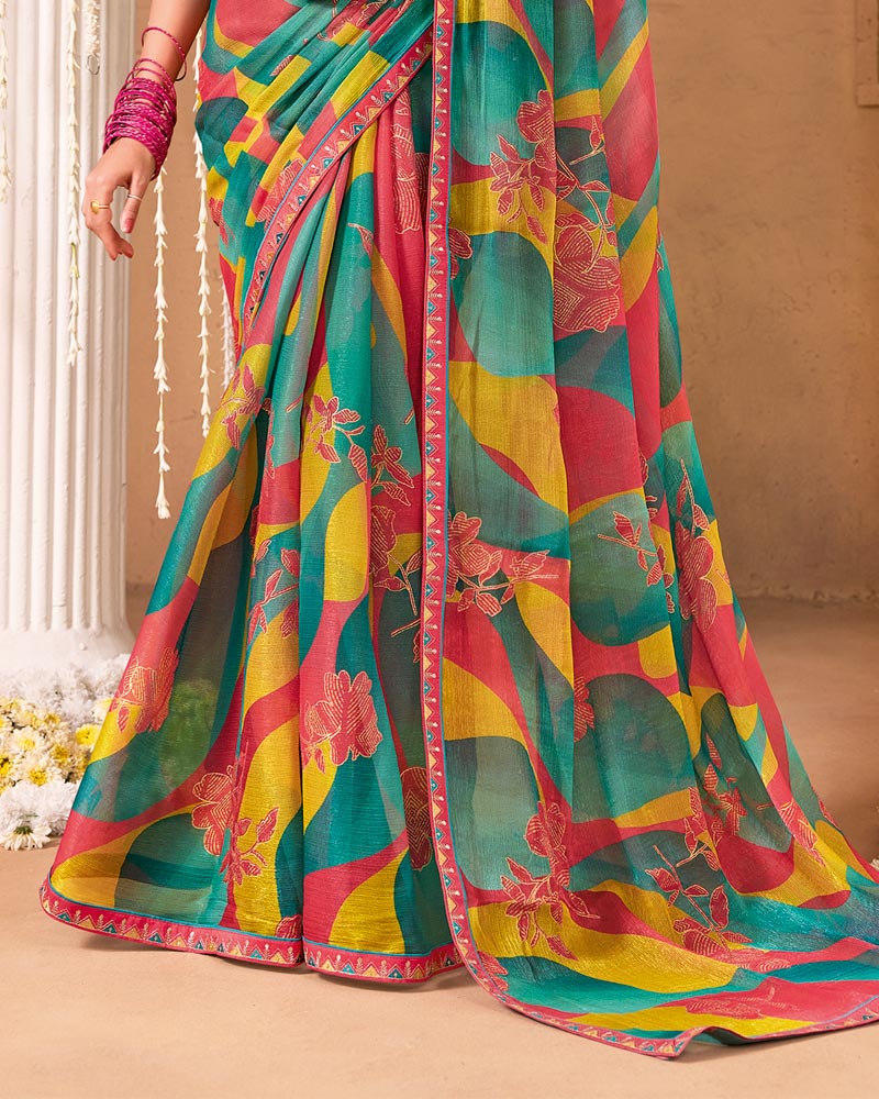 Vishal Prints Multicolor Designer Shimmer-Chiffon Saree With Foil Print And Fancy Embroidery Border