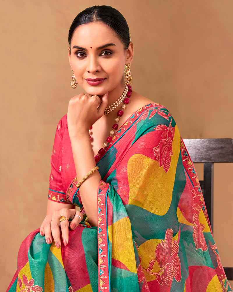 Vishal Prints Multicolor Designer Shimmer-Chiffon Saree With Foil Print And Fancy Embroidery Border