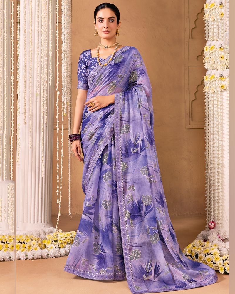 Vishal Prints Lavender Purple Designer Shimmer-Chiffon Saree With Foil Print And Fancy Embroidery Border