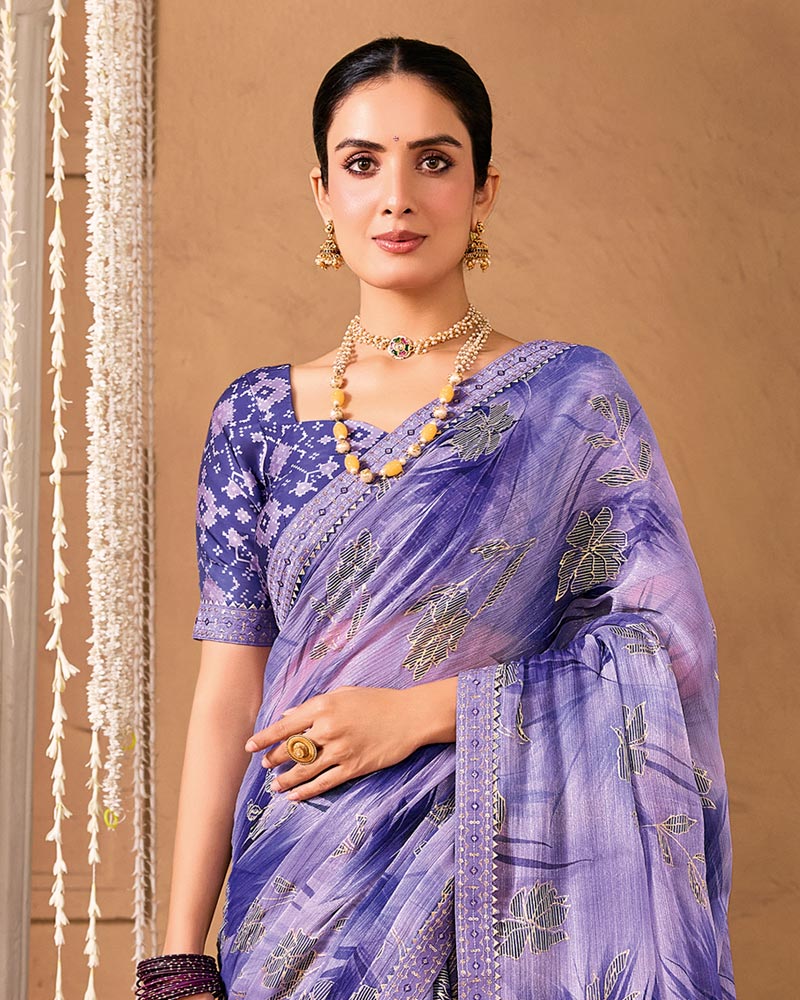 Vishal Prints Lavender Purple Designer Shimmer-Chiffon Saree With Foil Print And Fancy Embroidery Border