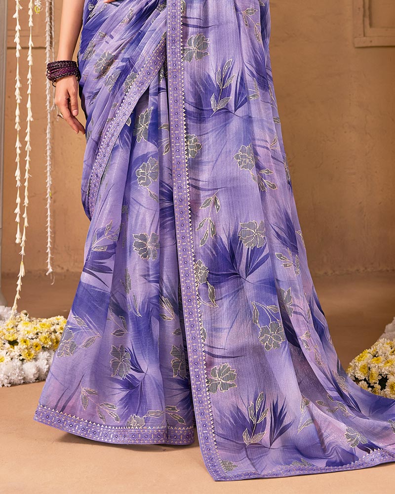 Vishal Prints Lavender Purple Designer Shimmer-Chiffon Saree With Foil Print And Fancy Embroidery Border
