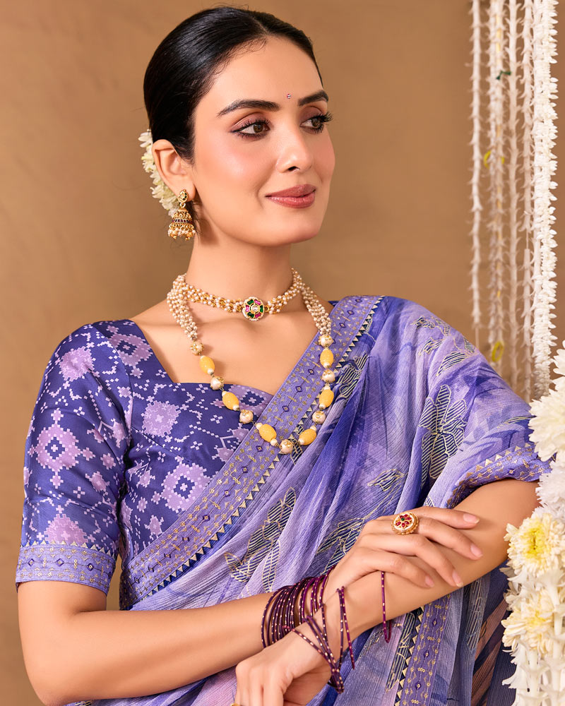 Vishal Prints Lavender Purple Designer Shimmer-Chiffon Saree With Foil Print And Fancy Embroidery Border