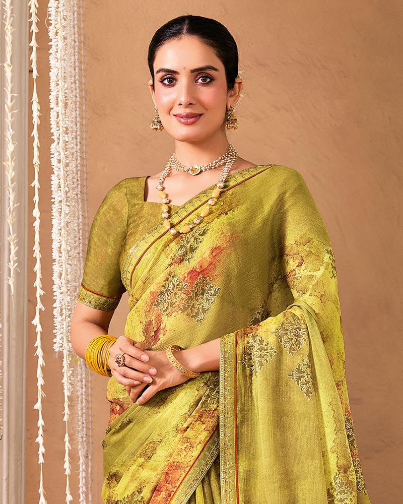 Vishal Prints Light Brownish Yellow Designer Shimmer-Chiffon Saree With Foil Print And Fancy Embroidery Border