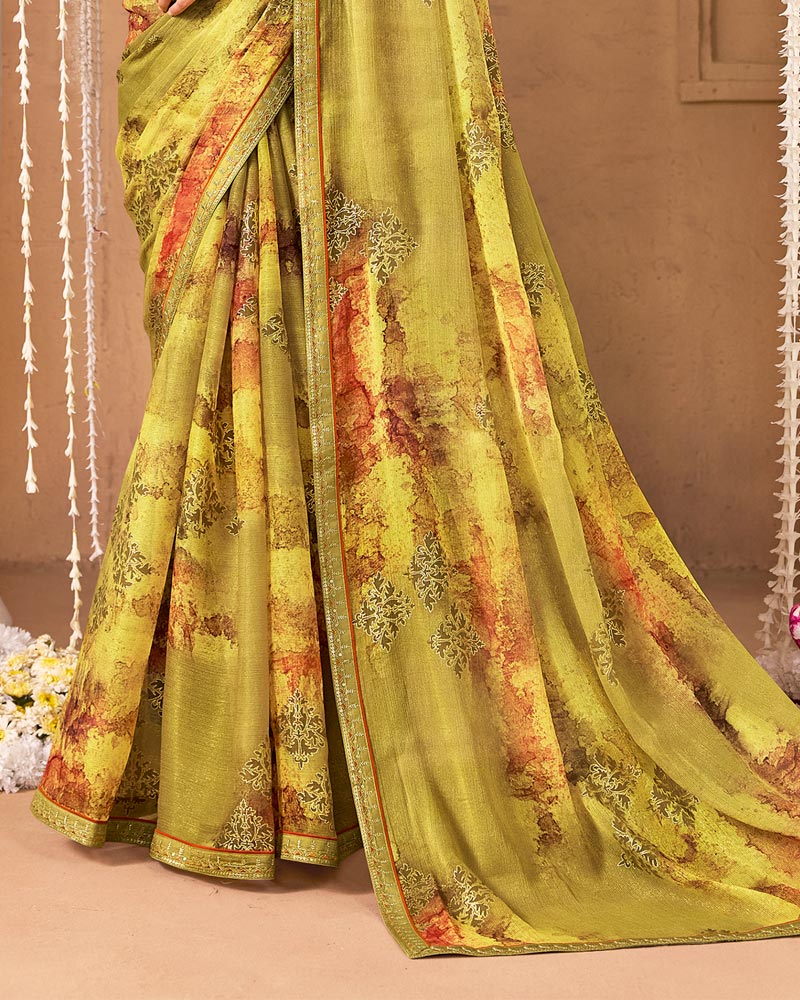 Vishal Prints Light Brownish Yellow Designer Shimmer-Chiffon Saree With Foil Print And Fancy Embroidery Border