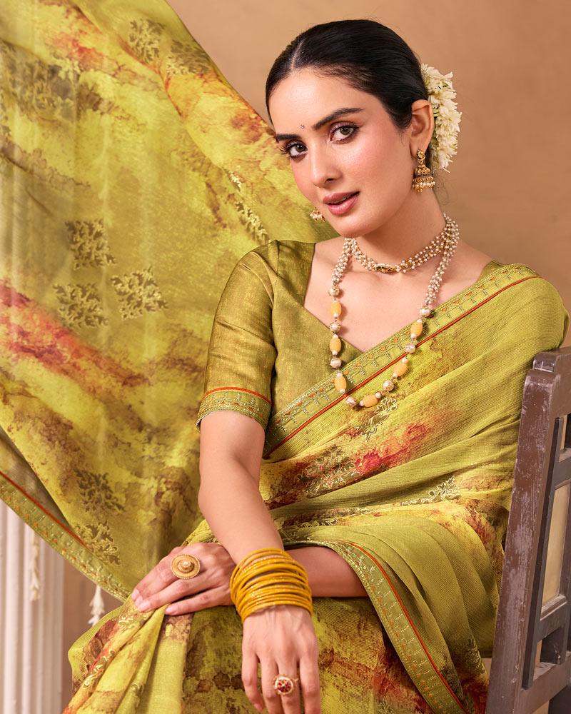 Vishal Prints Light Brownish Yellow Designer Shimmer-Chiffon Saree With Foil Print And Fancy Embroidery Border