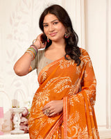 Vishal Prints Pumpkin Orange Printed Chiffon Saree With Fancy Border