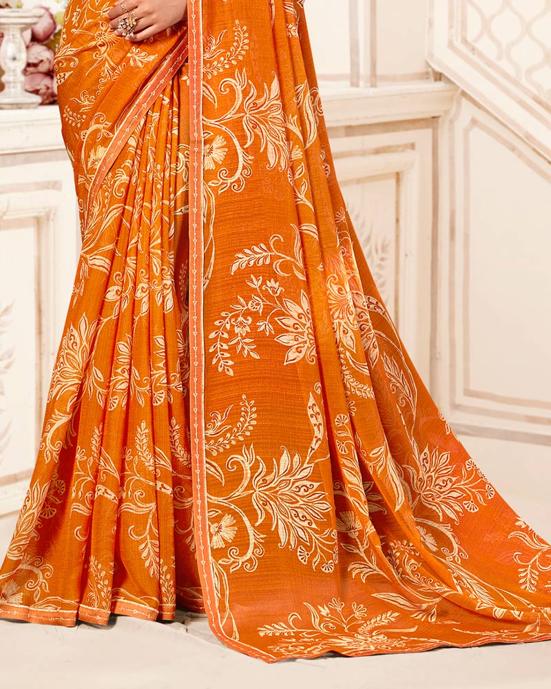 Vishal Prints Pumpkin Orange Printed Chiffon Saree With Fancy Border