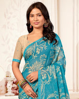 Vishal Prints Glacial Ice Blue Printed Chiffon Saree With Fancy Border