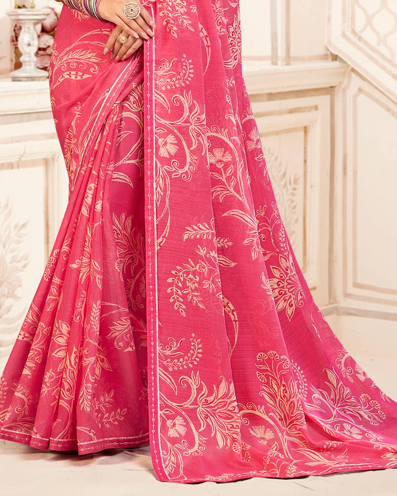 Vishal Prints Watermelon Pink Printed Chiffon Saree With Fancy Border