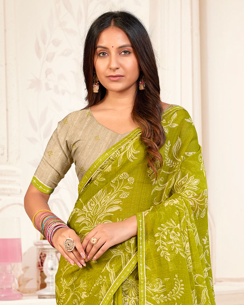 Vishal Prints Olive Yellow Printed Chiffon Saree With Fancy Border