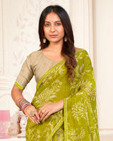 Vishal Prints Olive Yellow Printed Chiffon Saree With Fancy Border