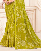 Vishal Prints Olive Yellow Printed Chiffon Saree With Fancy Border