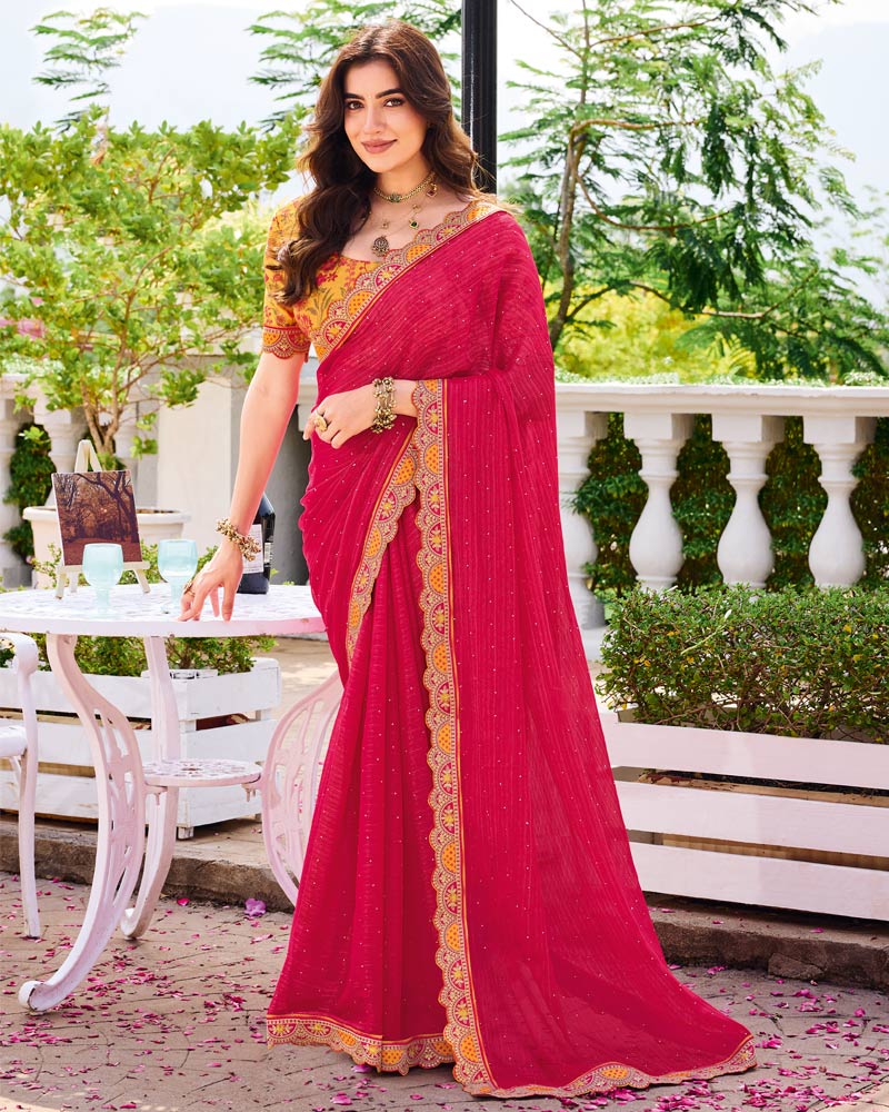 Vishal Prints Raspberry Pink Designer Fancy Chiffon Saree With Diamond Work And Cut Work Embroidery Border