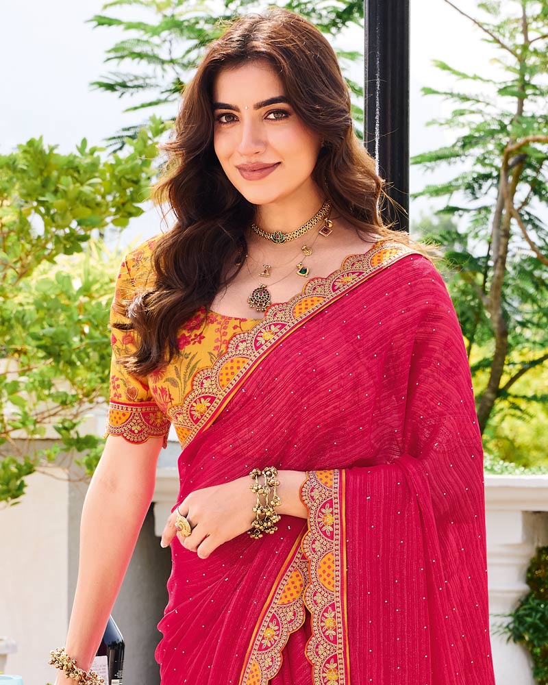 Vishal Prints Raspberry Pink Designer Fancy Chiffon Saree With Diamond Work And Cut Work Embroidery Border