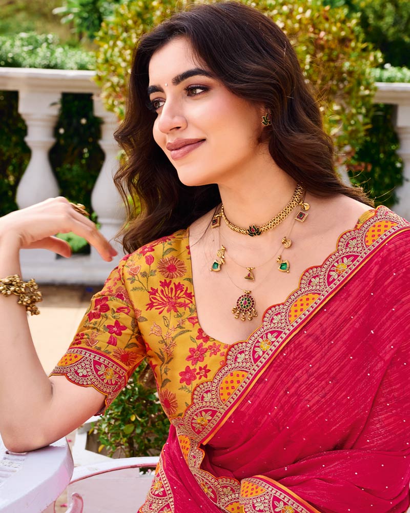 Vishal Prints Raspberry Pink Designer Fancy Chiffon Saree With Diamond Work And Cut Work Embroidery Border