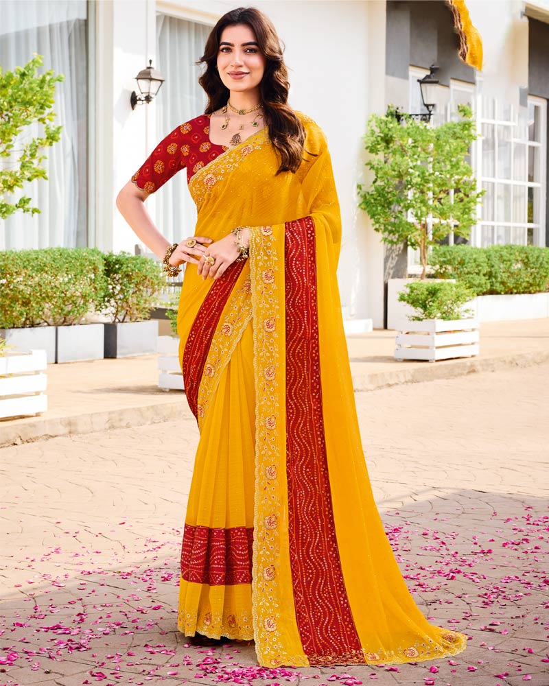 Vishal Prints Yellowish Orange Designer Fancy Chiffon Traditional Print Saree With Diamond Work And Cut Work Embroidery Border