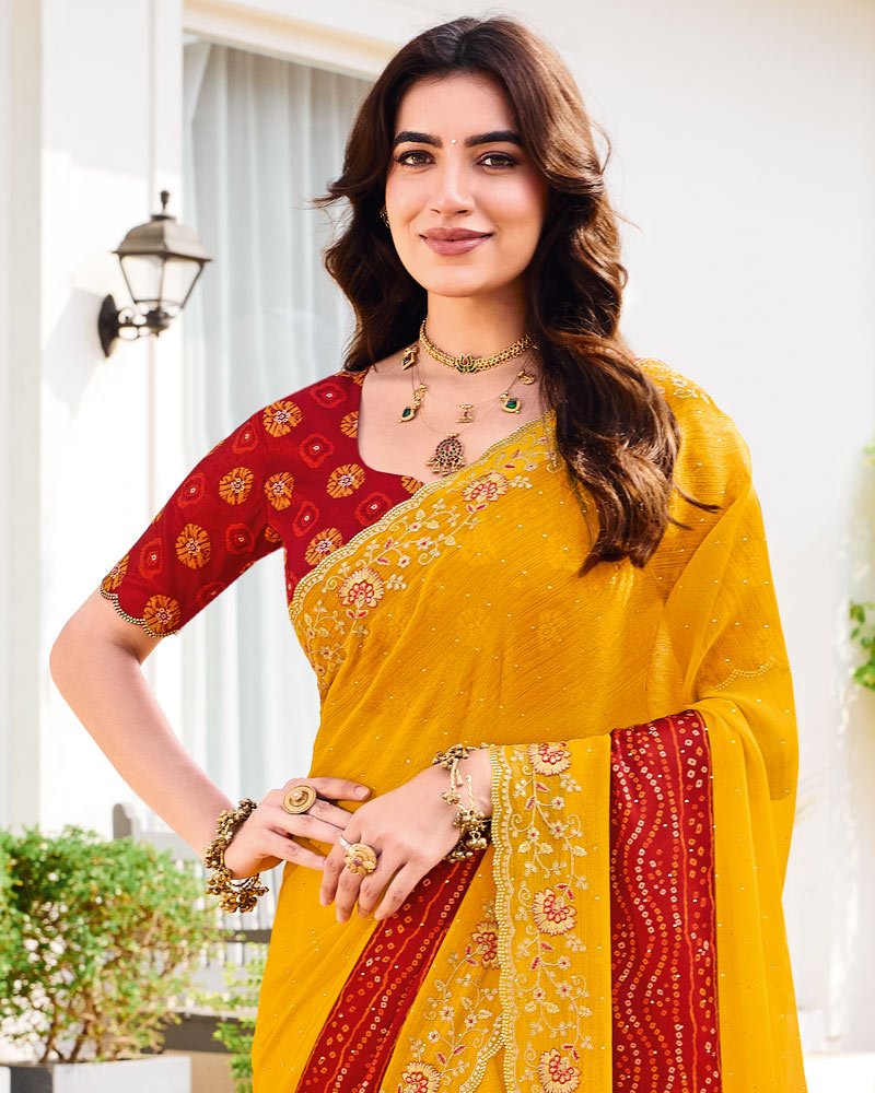 Vishal Prints Yellowish Orange Designer Fancy Chiffon Traditional Print Saree With Diamond Work And Cut Work Embroidery Border