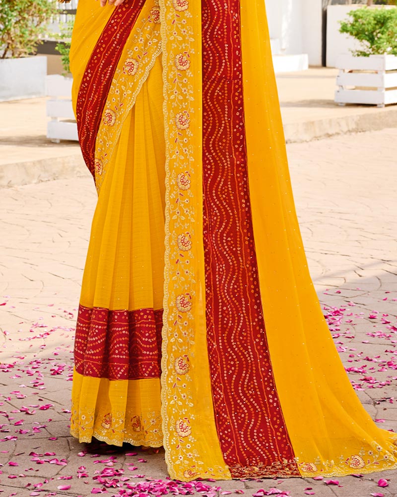 Vishal Prints Yellowish Orange Designer Fancy Chiffon Traditional Print Saree With Diamond Work And Cut Work Embroidery Border
