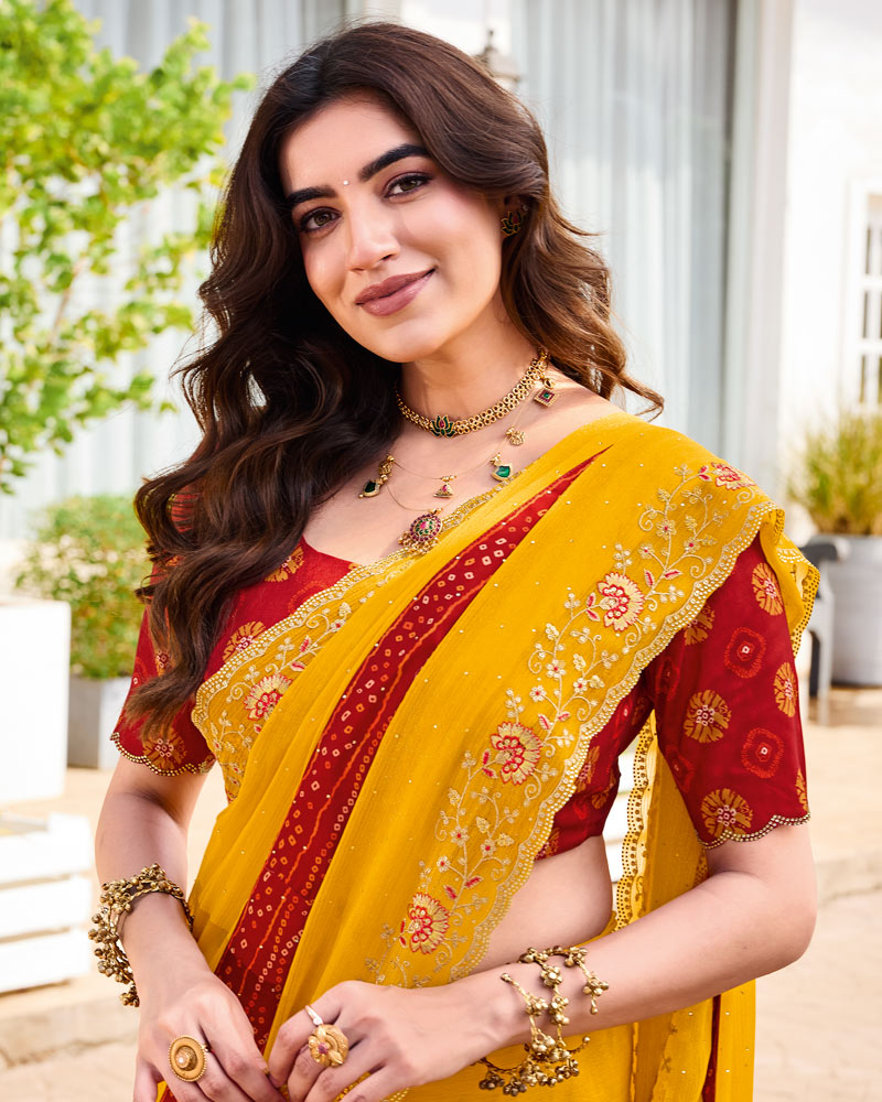 Vishal Prints Yellowish Orange Designer Fancy Chiffon Traditional Print Saree With Diamond Work And Cut Work Embroidery Border