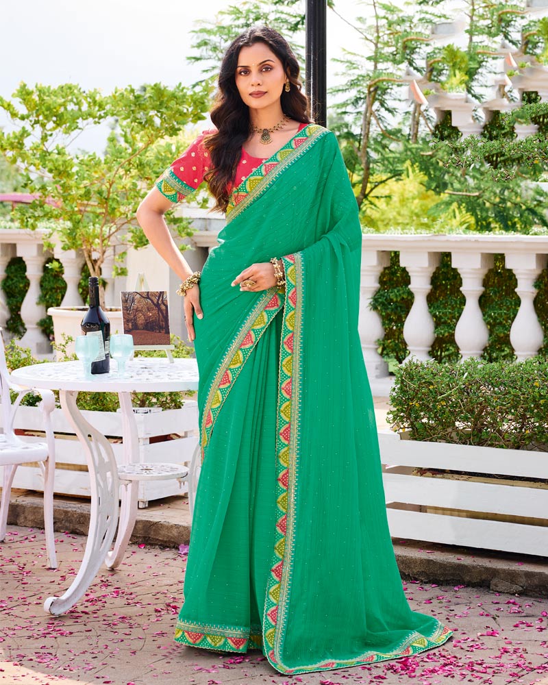 Vishal Prints Jade Green Designer Fancy Chiffon Saree With Diamond Work And Embroidery Border