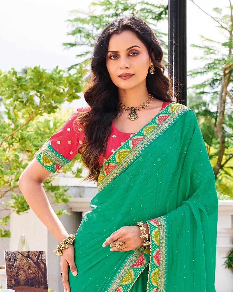 Vishal Prints Jade Green Designer Fancy Chiffon Saree With Diamond Work And Embroidery Border
